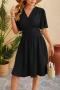 casual plus size non-stretch 8-colors solid color v-neck midi dress_Black