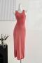sexy non-stretch 8-colors solid color slim backless slit midi dress_Black_Red