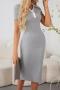 casual slight stretch contrast color lapel midi dress_Black_Gray