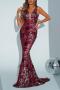 elegant slight stretch sequin mesh stitching padded v-neck maxi dress_Rose Red