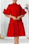 casual plus size slight stretch 4 colors solid color crew neck ruffle midi dress_Black_White_Red
