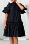 casual plus size slight stretch 4 colors solid color crew neck ruffle midi dress_Black