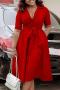 casual plus size slight stretch 3 colors suit collar with belt midi dress_Red