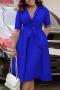 casual plus size slight stretch 3 colors suit collar with belt midi dress_Red_Blue