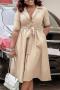 casual plus size slight stretch 3 colors suit collar with belt midi dress_Red_Blue_Beige