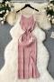 new slight stretch patchwork knit 7-color slit suspender midi dress_Black_White_Light Pink