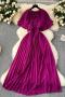 casual slight stretch 6-color chiffon patchwork lace-up maxi dress(with liner)_Black_Red_Magenta_Yellow_Blue_Purple