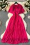 casual slight stretch 6-color chiffon patchwork lace-up maxi dress(with liner)_Black_Red_Magenta