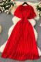 casual slight stretch 6-color chiffon patchwork lace-up maxi dress(with liner)_Black_Red