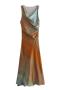 casual non-stretch satin tie-dye printing crew neck shirring midi dress_Pink_Brown