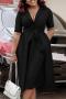casual plus size slight stretch 5 colors suit collar with belt midi dress_Black