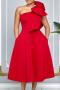 casual plus size slight stretch bow-knot decor with belt midi dress_Black_White_Red