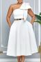 casual plus size slight stretch bow-knot decor with belt midi dress_Black_White
