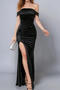 new sexy plus-size slight stretch patchwork satin 13-color slit maxi dress_Black