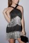 new plus-size slight stretch patchwork tassels sequins with liner suspender mini dress_Black