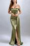 new plus-size slight stretch padded 4-color satin one shoulder slit maxi dress_Black_Forest Green