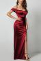 new stylish slight stretch padded 11-color satin one shoulder slit maxi dress_White_Red_Rose Red