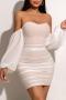 solid color stylish off-shoulder stretch sexy chiffon with lined slim mini dress_White