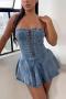sexy slight stretch denim transparent shoulder straps eyelet lace-up mini dress_Black_Blue
