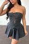 sexy slight stretch denim transparent shoulder straps eyelet lace-up mini dress_Black