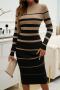 sexy slight stretch 4 colors contrast color crew neck slim midi dress_Black