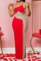 sexy plus size slight stretch mesh stitching rhinestone pearl decor maxi dress_Black_White_Red