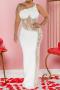 sexy plus size slight stretch mesh stitching rhinestone pearl decor maxi dress_Black_White