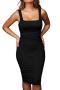 sexy slight stretch solid color tight sling shirring midi dress_Black
