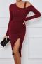 new sexy slight stretch 3-color polyester drawstring long sleeve slit midi dress_Black_Rose Red