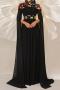 elegant plus size slight stretch flower appliquie padded split sleeve maxi dress_Black