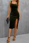 new stylish slight stretch 3-color velvet suspender slit midi dress_Black_Rose Red_Dark Green