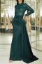 elegant plus size slight stretch sequin padded long ribbon maxi dress_Black_Dark Green