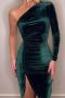 sexy slight stretch velvet solid color shirring slit midi dress_Red_Dark Green