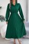 casual non-stretch lapel button pleated solid color midi dress_Rose Red_Green