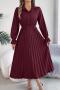 casual non-stretch lapel button pleated solid color midi dress_Rose Red