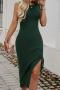 casual slight stretch crew neck sleeveless solid color midi dress_Black_White_Dark Green