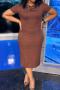 casual plus size slight stretch simple solid color slim short sleeve midi dress_Black_Rose Red_Dark Green_Blue_Brown