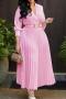 new plus-size non-stretch patchwork solid color with belt long sleeve maxi dress_Pink