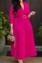 new plus-size non-stretch patchwork solid color with belt long sleeve maxi dress_Pink_Magenta