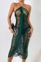 sexy slight stretch tassels hollow solid color midi dress_Dark Green