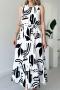 casual non-stretch crew neck with belt batch printing midi dress_Black_White