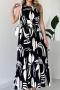 casual non-stretch crew neck with belt batch printing midi dress_Black