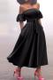 new slight stretch solid color patchwork puff sleeves with belt midi dress_Black