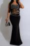 sexy plus size slight stretch mesh see-through rhinestone maxi dress_Black