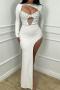 sexy plus size slight stretch rhinestone high slit hollow maxi dress_Black_White