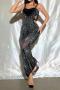 sexy plus size slight stretch mesh see-through hollow rhinestone maxi dress_Black