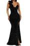 sexy plus size slight stretch solid color sequins sling high slit maxi dress_Black