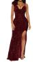 sexy plus size slight stretch solid color sequins sling high slit maxi dress_Black_Rose Red