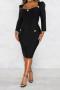 sexy plus size non-stretch solid color slim slit square neck midi dress_Black