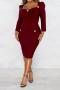 sexy plus size non-stretch solid color slim slit square neck midi dress_Black_Rose Red